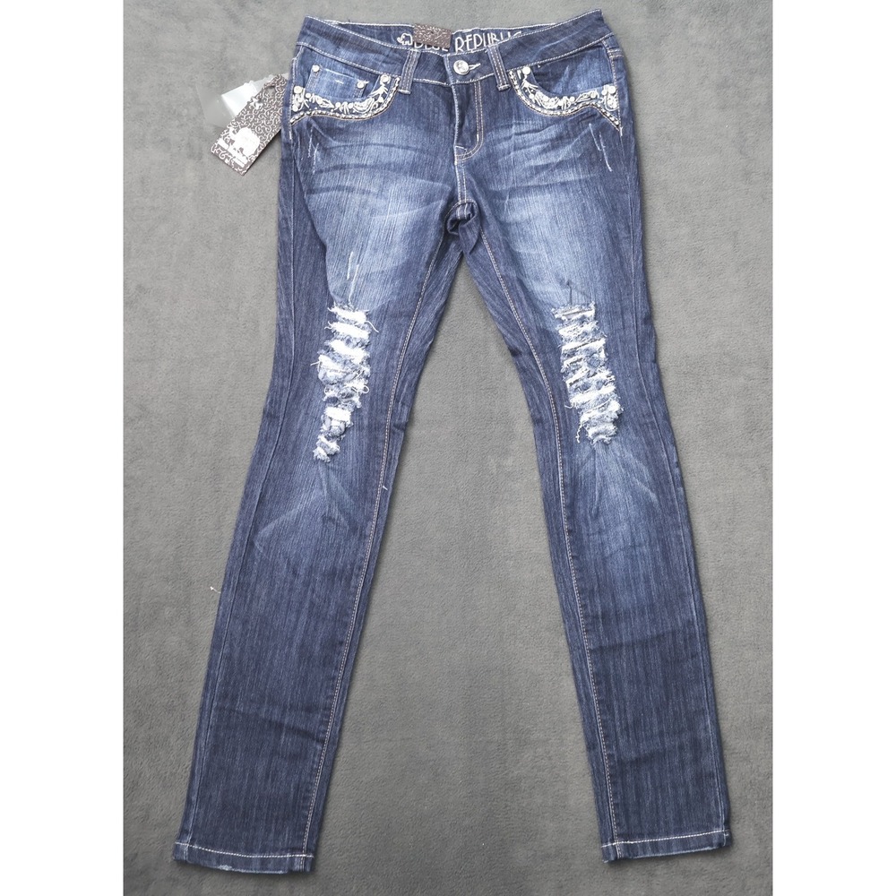 Blue Republic Womens Skinny Distressed Embellished Jeans Dark Wash Blue Size 7